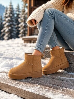 Shibever Women’s Platform Mini Boots Tan Faux Suede Fur Lined Size 10